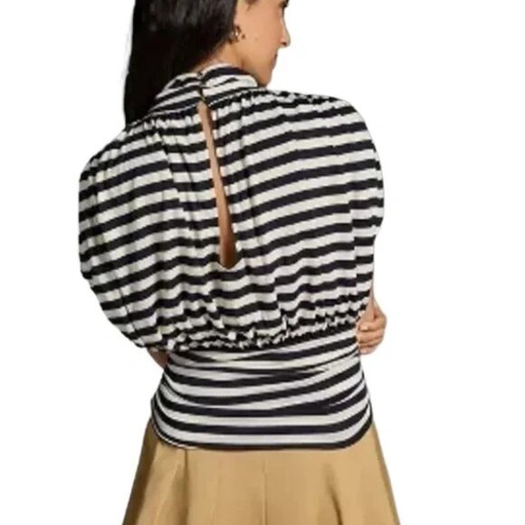 Anthropologie Black and White Striped Short Sleeve Top - Picture 2 of 9